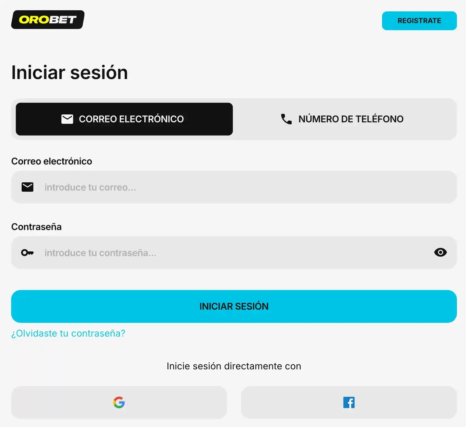 Pantalla de inicio de sesión con las pestañas de correo y teléfono y dos accesos externos al pie.